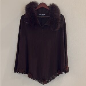 Nina Leonard Dark Brown Poncho with Fur Trim